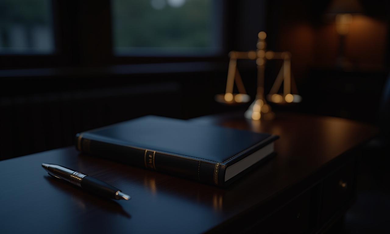 Professional legal workspace with scales of justice and documents